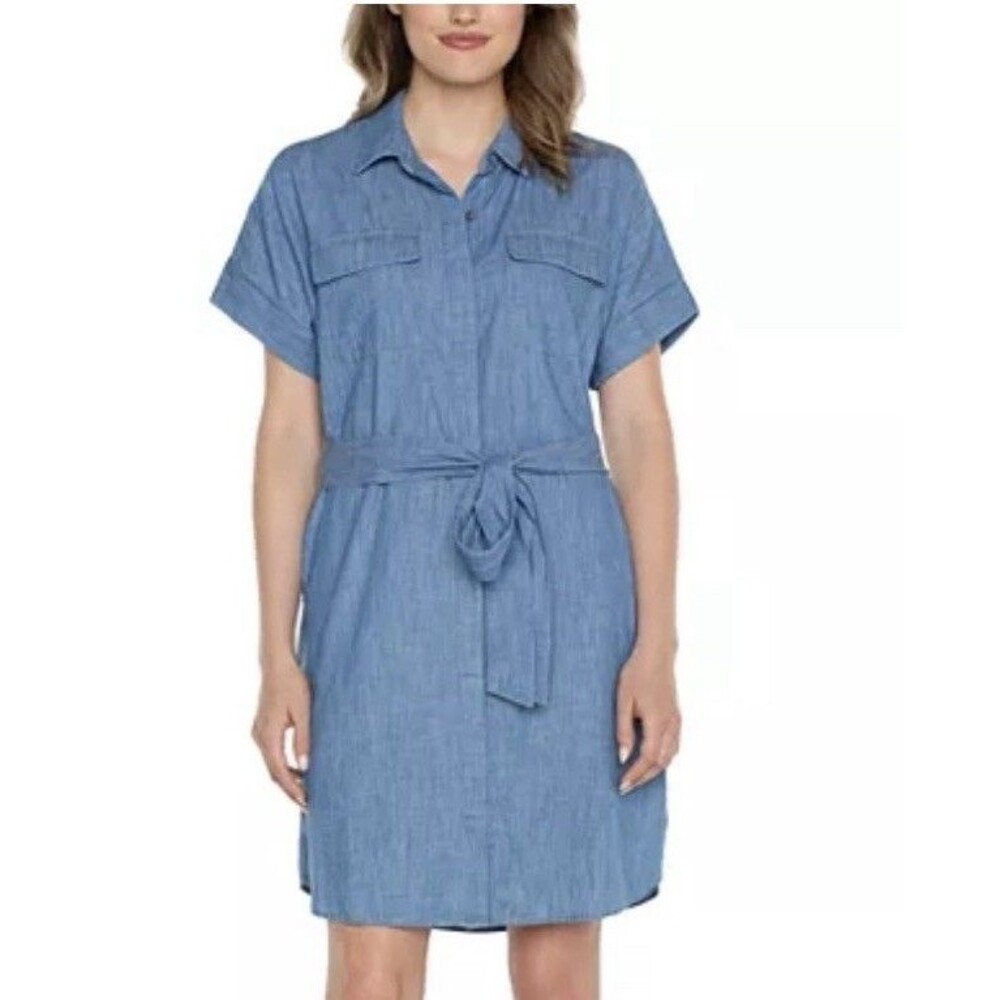 Liverpool Los Angeles Cotton Chambray  Neck Shirt Dress With Belt Size Large